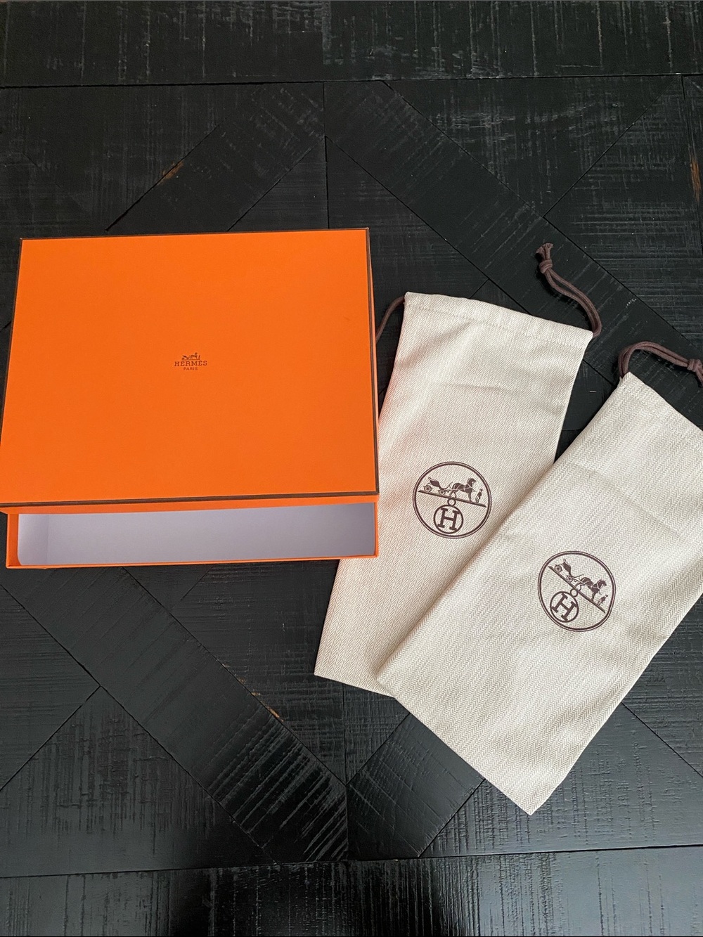 Hermes empty Shoe Box +Two Dust Bags.